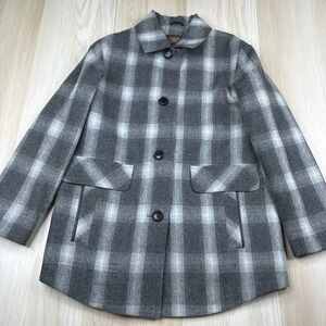 Pendleton Women's Gray Plaid Wool Leather Collar Trim Coat Button Down Sz Small